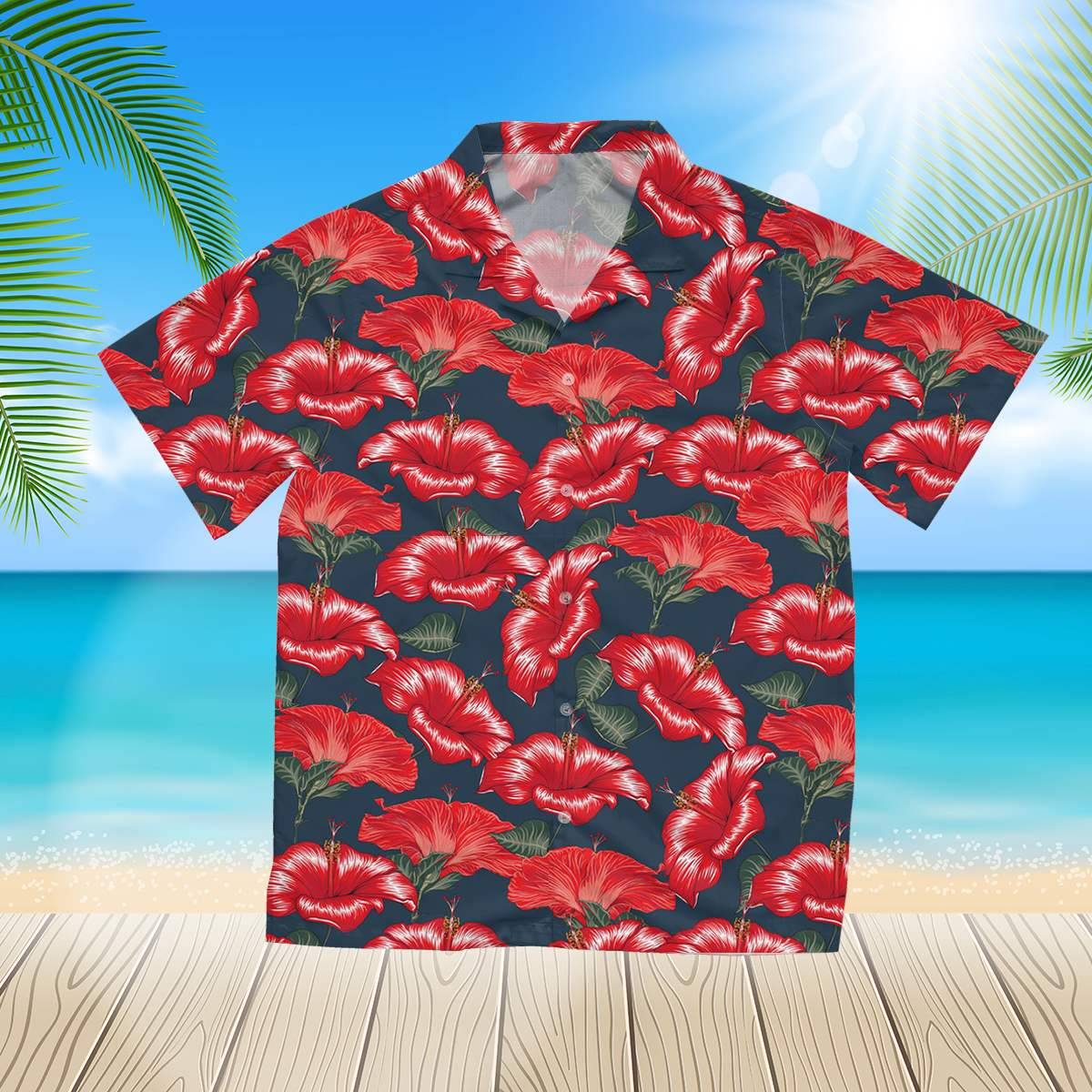 Red Hibiscus Flowers 3D Hawaii Shirt For Men Hawaii Shirt
