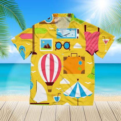 Yellow Flat Summer Travel Voyage Seamless Pattern Red 3D Hawaii Shirt Hawaii Shirt