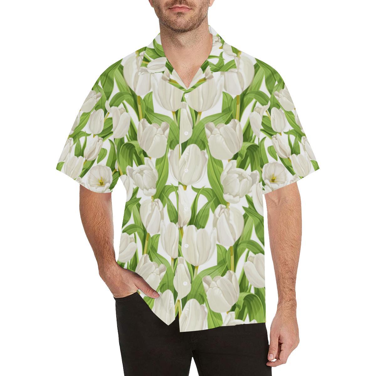 White Tulip Pattern Mens All Over Print Hawaiian Shirt