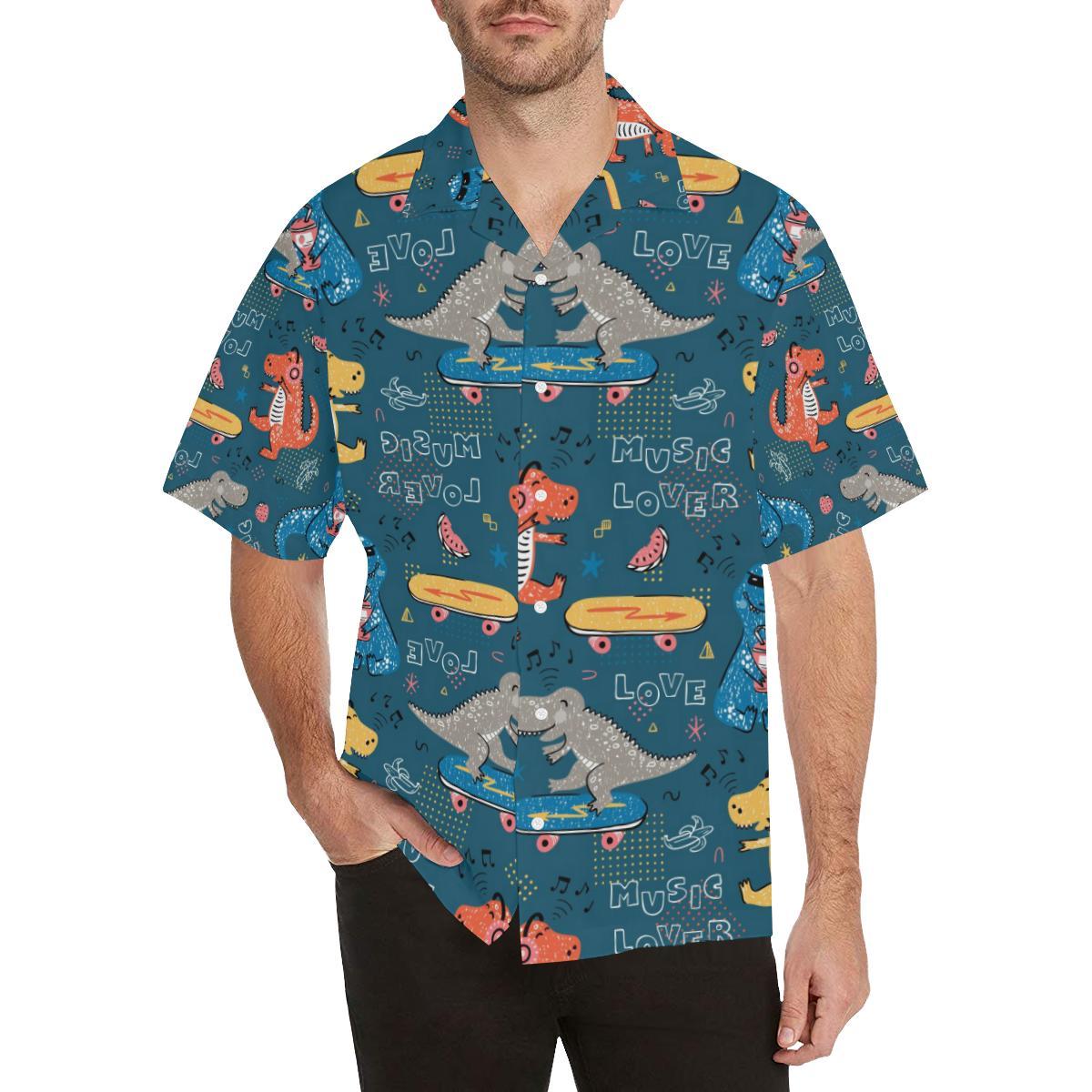 Dinosaur Music Skating Pattern Mens All Over Print Hawaiian Shirt