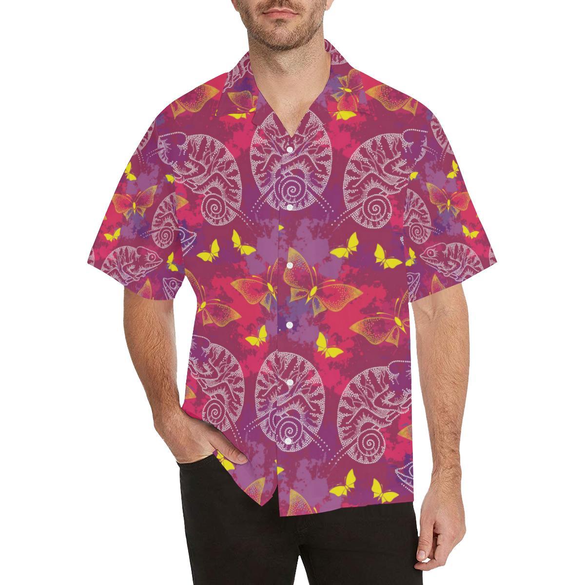 Pink Chameleon Lizard Butterfly Pattern Mens All Over Print Hawaiian Shirt