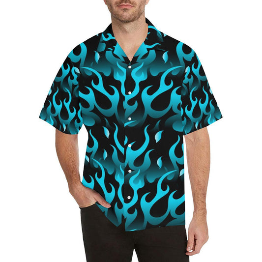 Blue Flame Fire Pattern Background Mens All Over Print Hawaiian Shirt