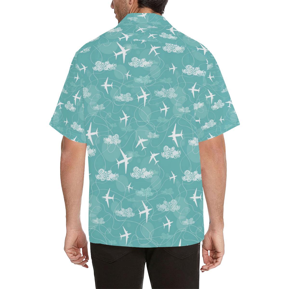 Airplane Cloud Pattern Green Background Mens All Over Print Hawaiian Shirt