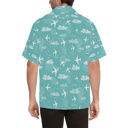 Airplane Cloud Pattern Green Background Mens All Over Print Hawaiian Shirt