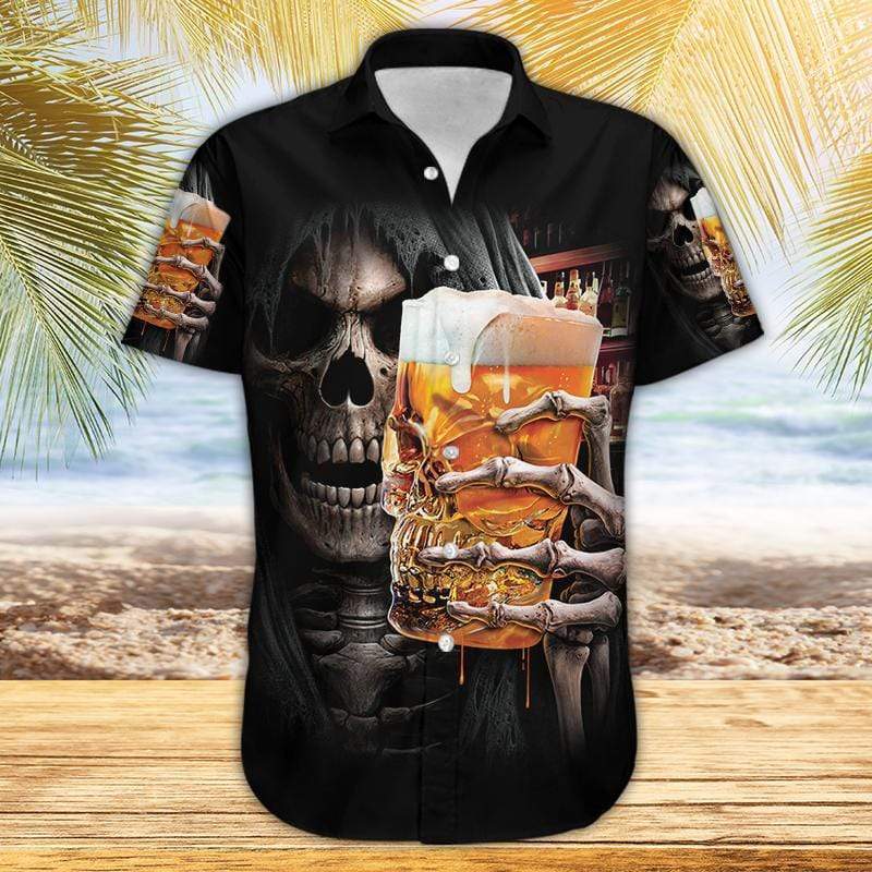 Halloween - Beer Skull Black Unisex Hawaiian Aloha Shirts