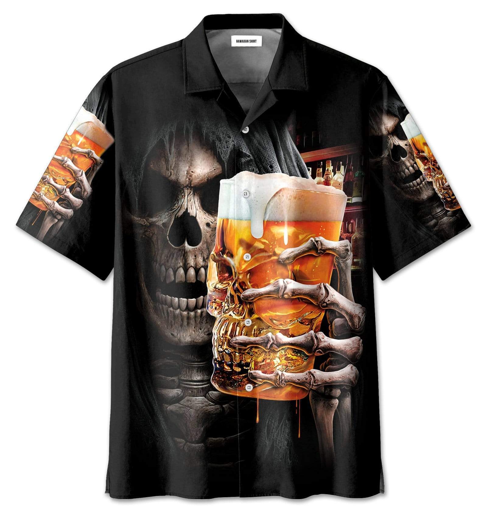 Halloween - Beer Skull Black Unisex Hawaiian Aloha Shirts