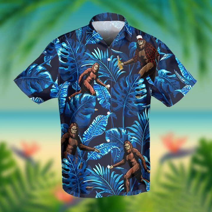 Blue Bigfoot Sasquatch Running Cheering Beer Hawaiian Aloha Shirts #DH