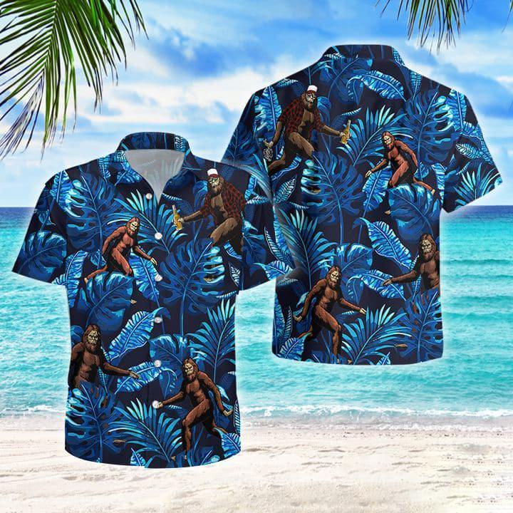 Blue Bigfoot Sasquatch Running Cheering Beer Hawaiian Aloha Shirts #DH