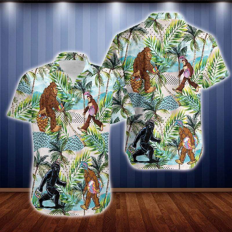 Funny Bunny Bigfoot Hunting Easter Eggs Tropical Unisex Hawaiian Aloha Shirts #DH