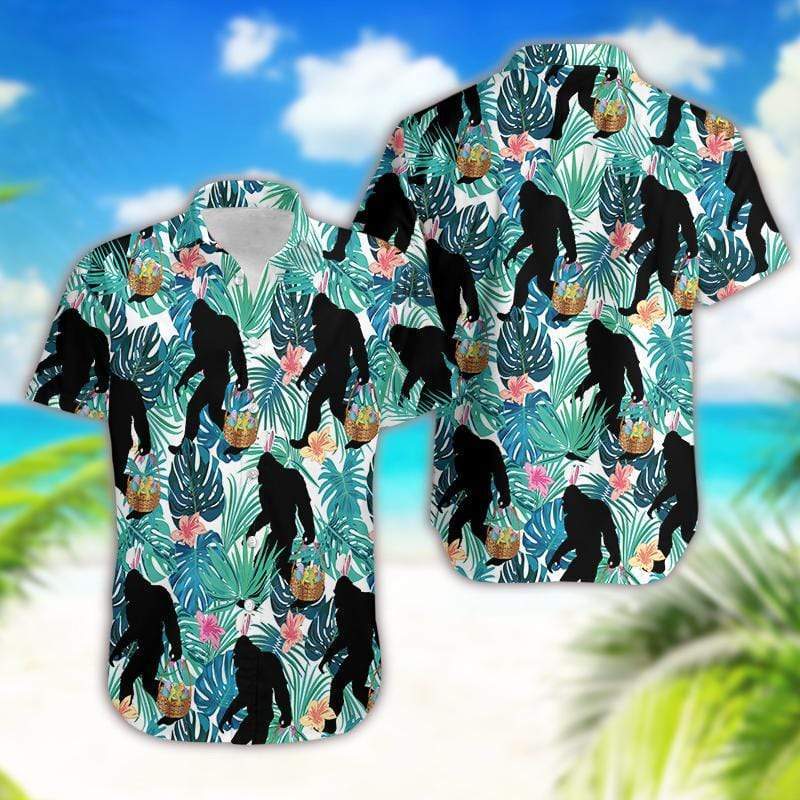 Happy Easter 2021 Simple Bunny Bigfoot Hunting Eggs Unisex Hawaiian Aloha Shirts #DH