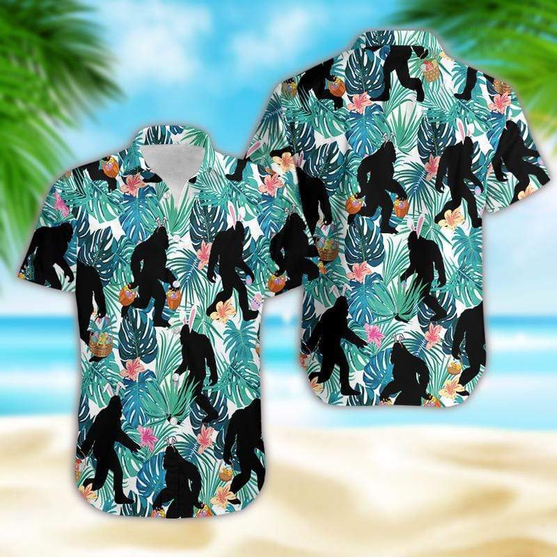 Happy Easter 2021 Simple Bunny Bigfoot Squad Hunting Eggs Unisex Hawaiian Aloha Shirts #DH