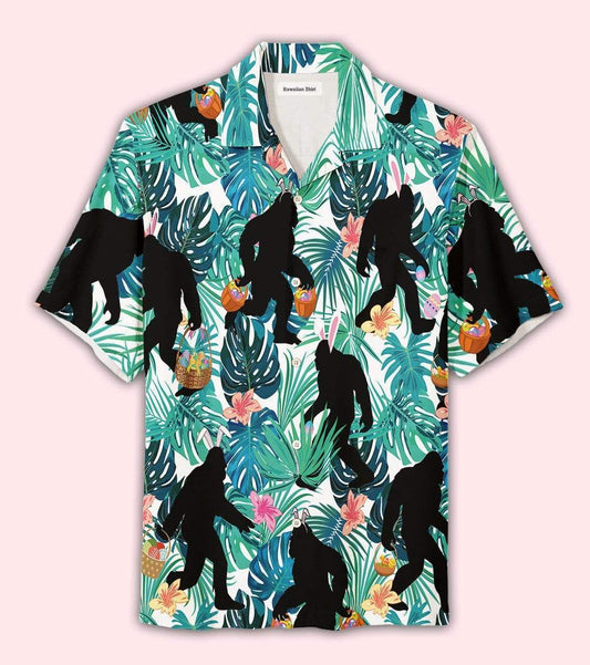 Happy Easter 2021 Simple Bunny Bigfoot Squad Hunting Eggs Unisex Hawaiian Aloha Shirts #DH