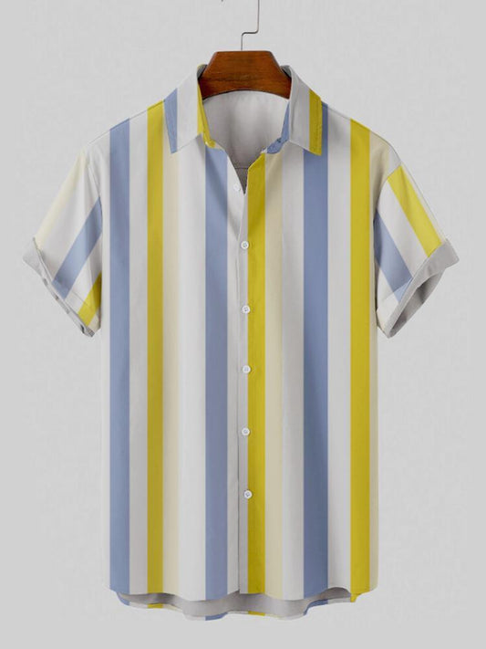 Yellow White And Blue Stripe Turndown Collar Button Down Mens Short Sleeve Shirt Hawaiian