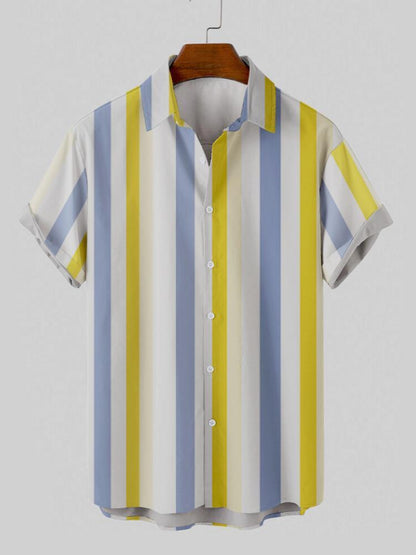 Yellow White And Blue Stripe Turndown Collar Button Down Mens Short Sleeve Shirt Hawaiian