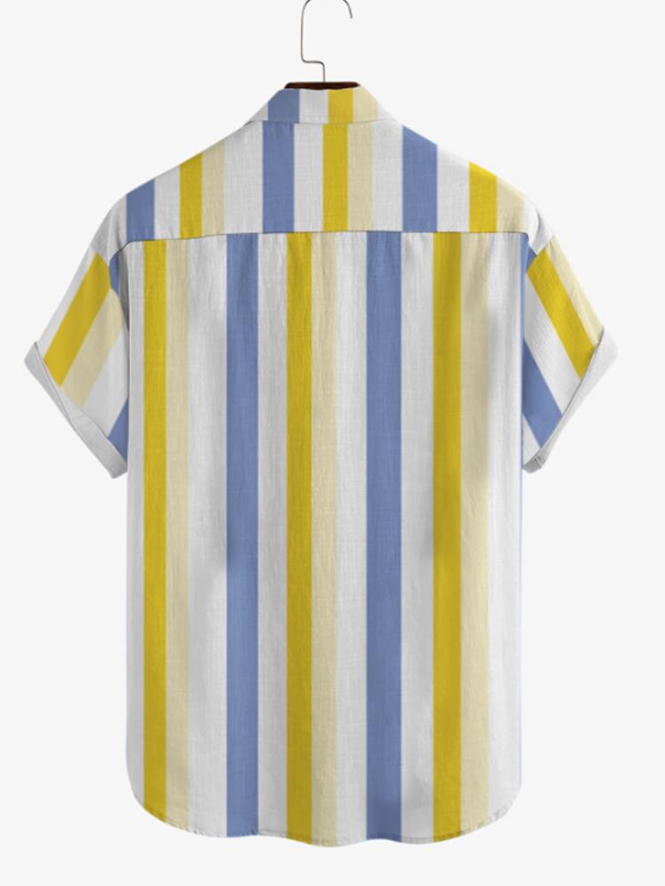 Yellow White And Blue Stripe Turndown Collar Button Down Mens Short Sleeve Shirt Hawaiian