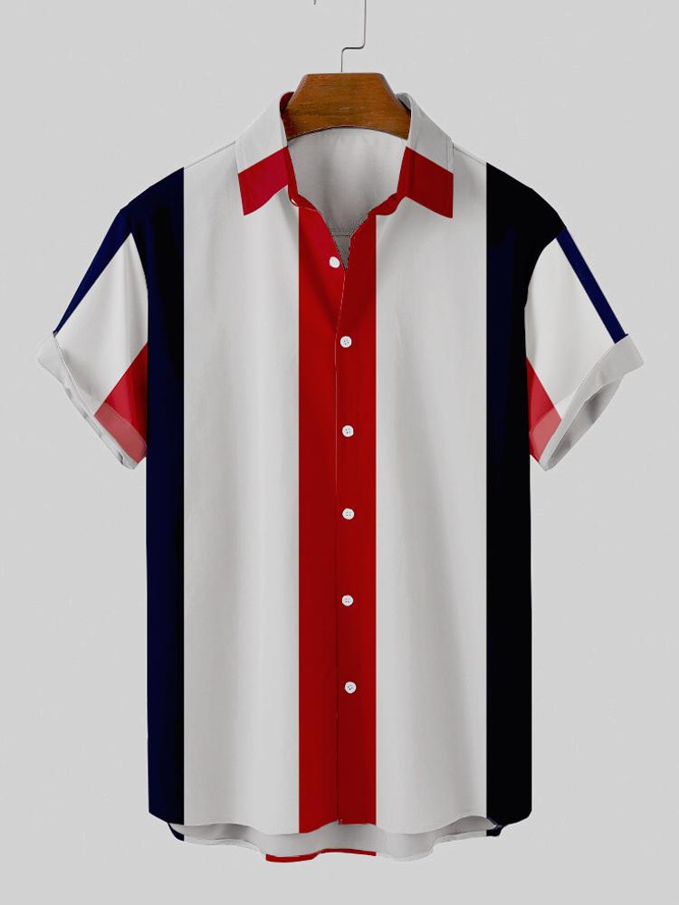 Black-Red Stripe Charlie Turndown Collar Button Down Mens Short Sleeve Shirt Hawaiian