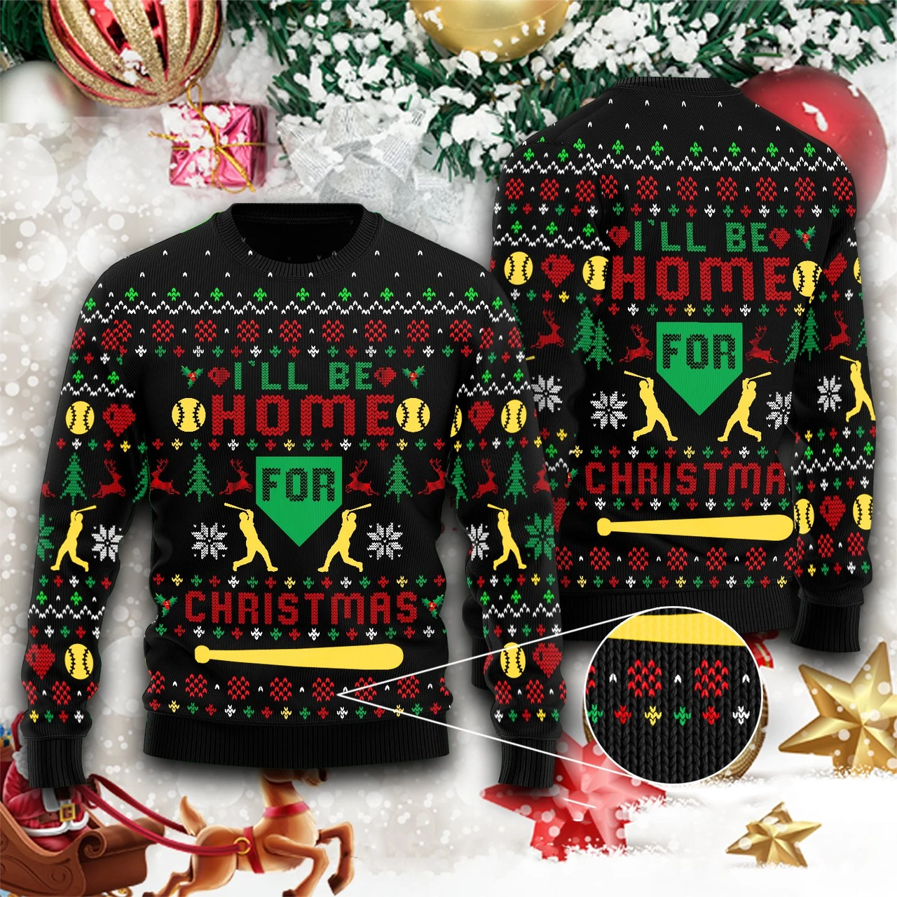 Baseball Home Run Ugly Christmas Sweater 