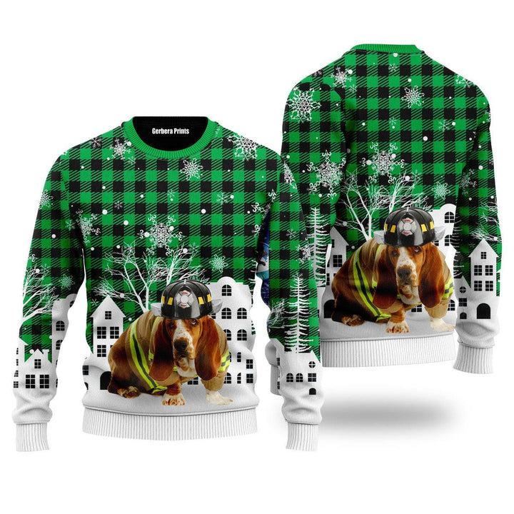 Basset Hound Costume Firefighter In Christmas City Pattern Ugly Christmas Sweater 