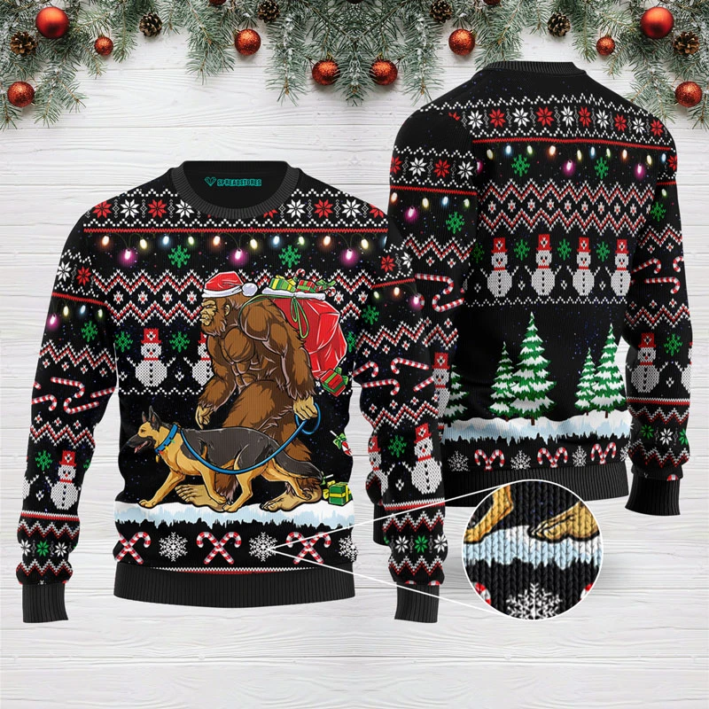 Big Foot And Dog Walking Ugly Christmas Sweater 