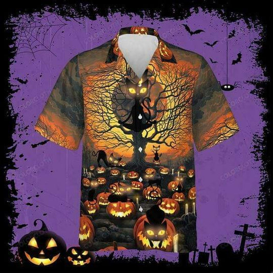 Awesome Black Cat Halloween Orange Black Unisex Hawaiian Shirts