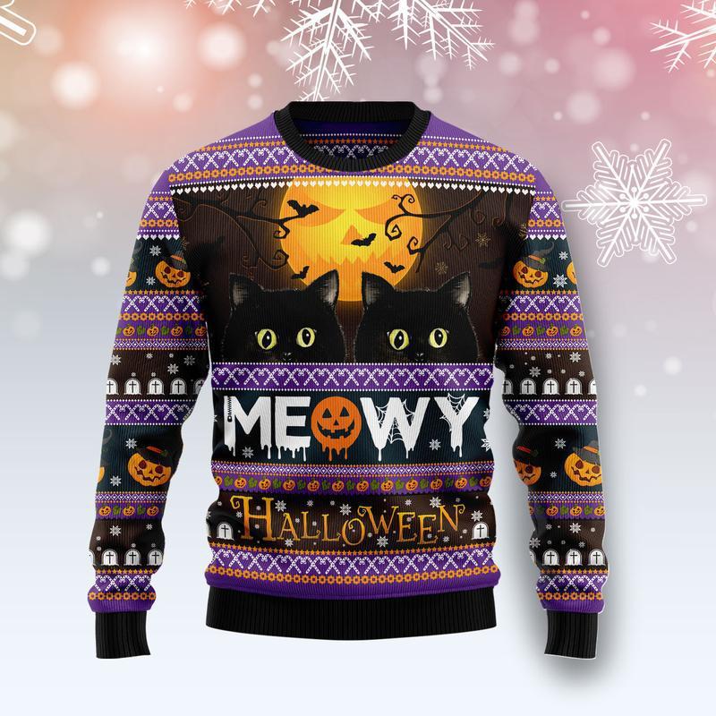 Black Cat Meowy Halloween Ugly Christmas Sweater 