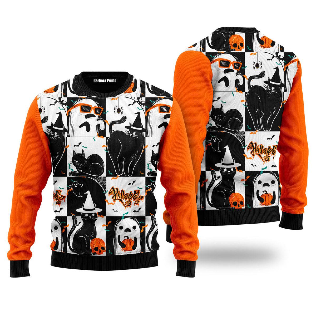 Black Cat and Ghost Halloween Ugly Christmas Sweater | For Men & Women | UH1413