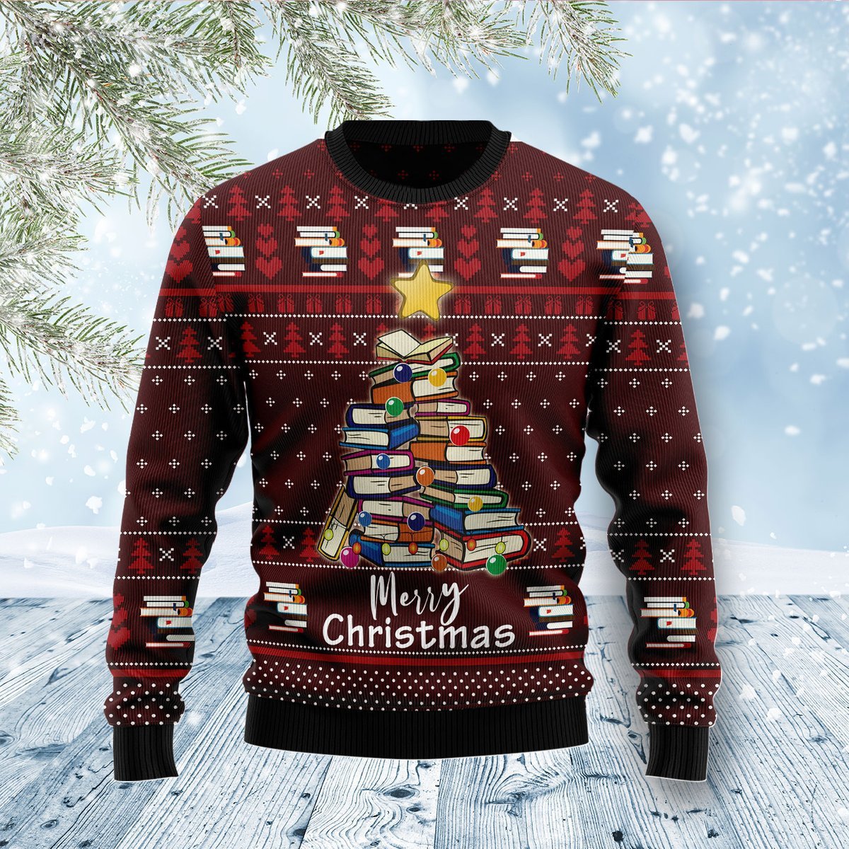 Book Pine Merry Christmas Ugly Christmas Sweater 