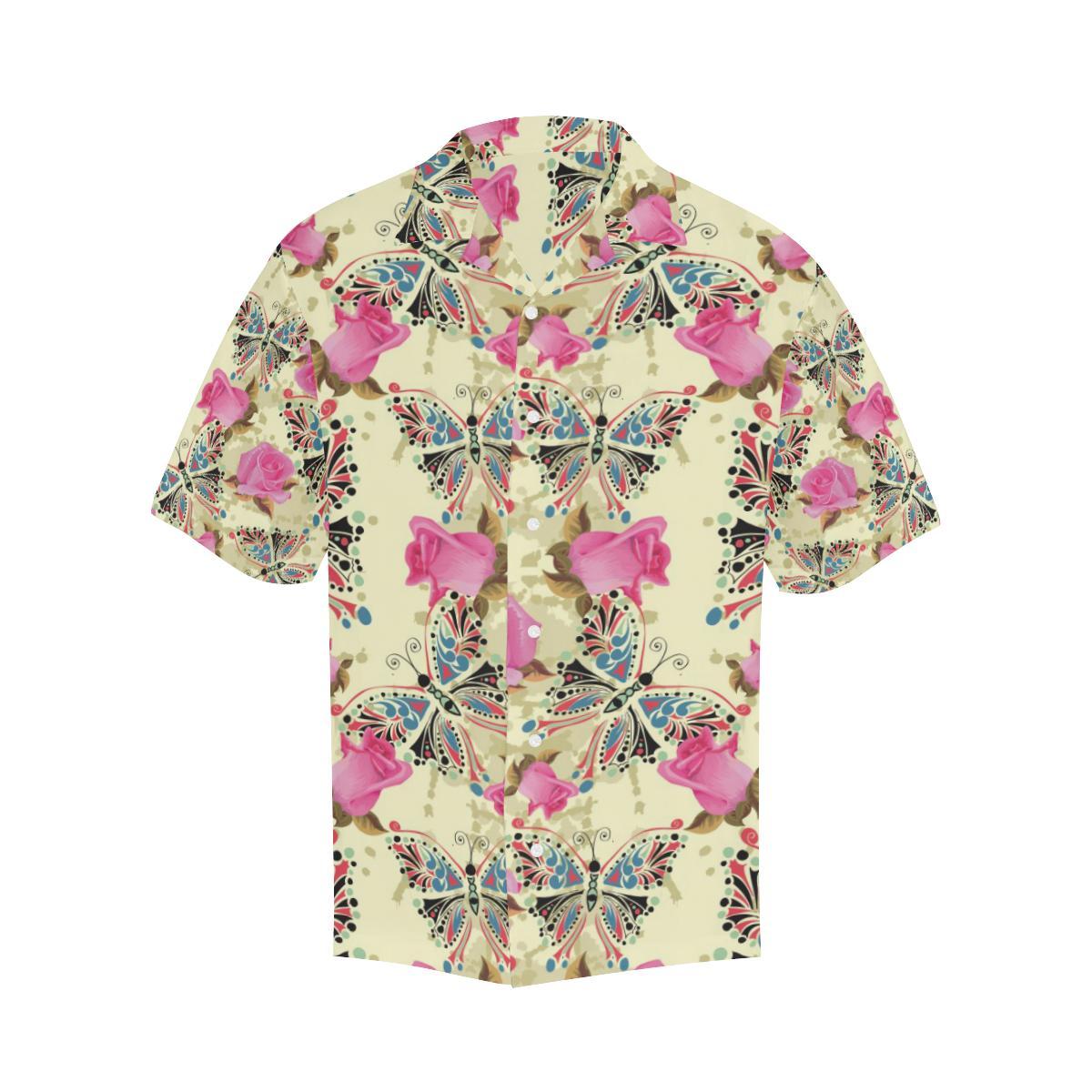 Butterfly Pink Rose Pattern Mens All Over Print Hawaiian Shirt