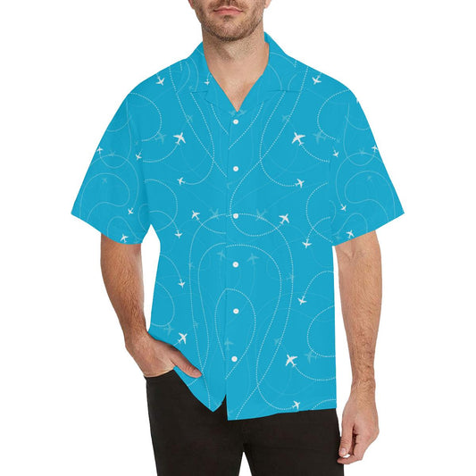 Airplane Destinations Blue Background Mens All Over Print Hawaiian Shirt