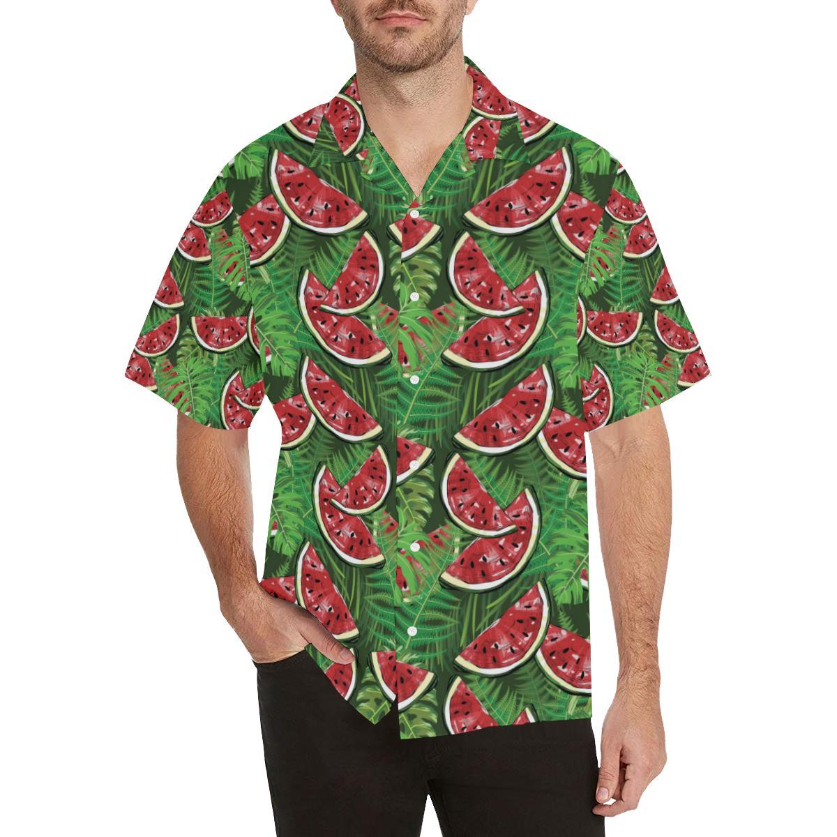 Watermelons Tropical Palm Leaves Pattern Backgroun Mens All Over Print Hawaiian Shirt