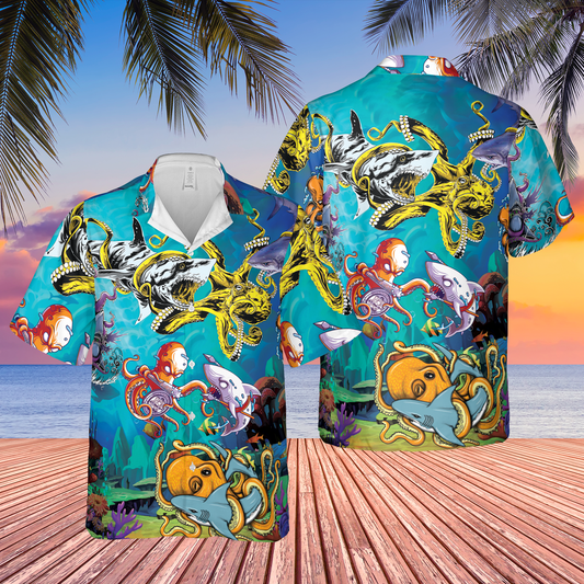 Octopus And Shark Battle Beach Shirt Hawaiian