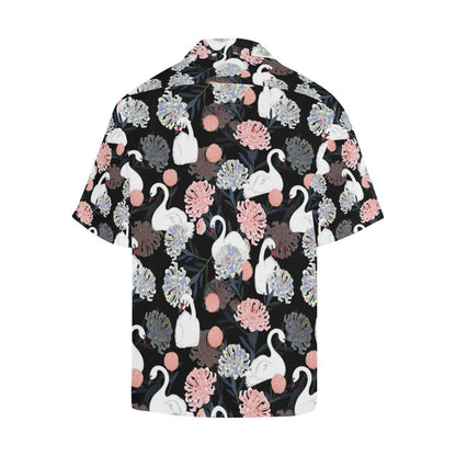 White Swan Blooming Flower Pattern Mens All Over Print Hawaiian Shirt