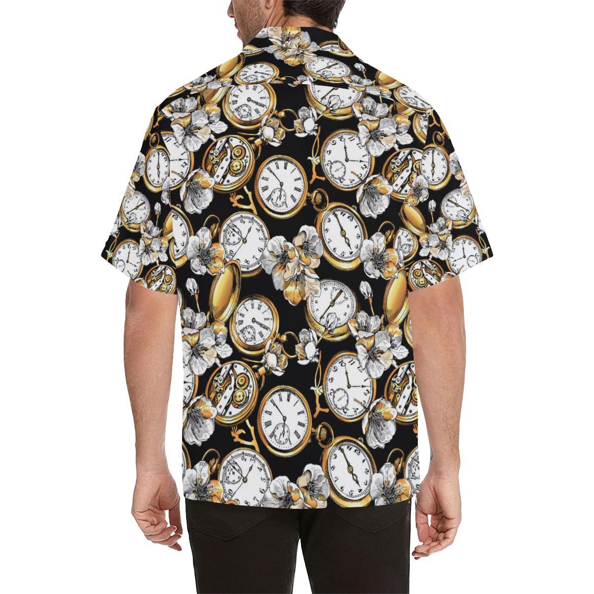 Clock Flower Pattern Mens All Over Print Hawaiian Shirt