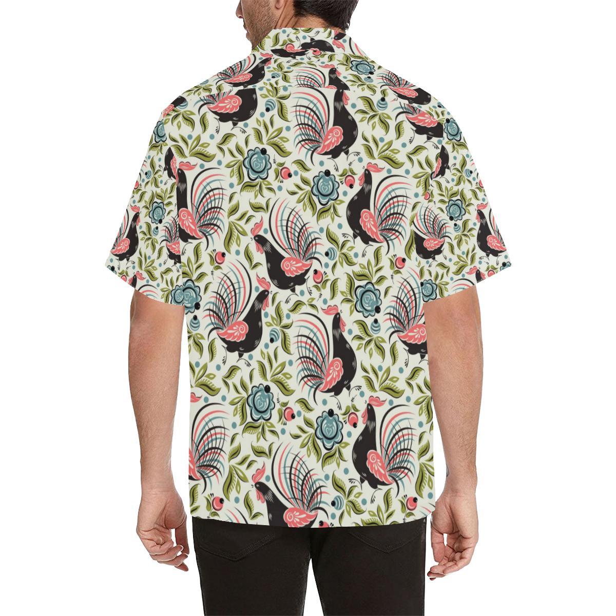 Rooster Chicken Leaves Pattern Mens All Over Print Hawaiian Shirt