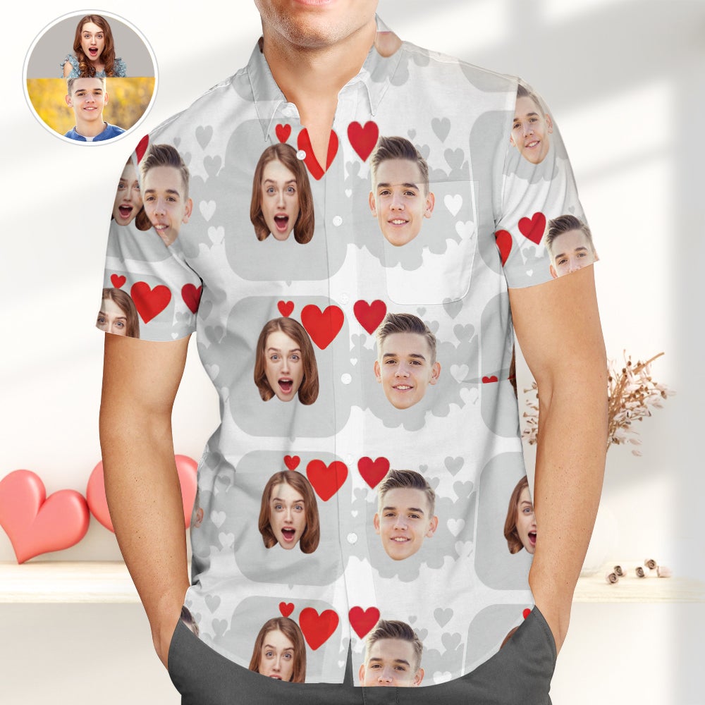 Personalized Photo Hawaiian Shirts with Heart Casual Button-Down Shirts for Lover