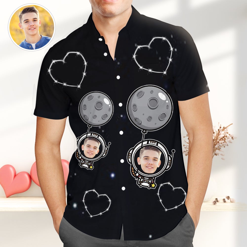 Custom Photo Hawaiian Shirt for Men, Funky Astronaut Casual Button-Down Shirt with Ballon