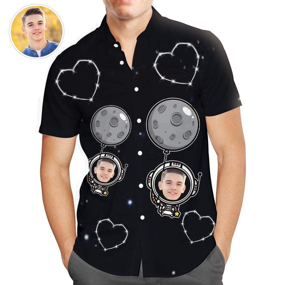 Custom Photo Hawaiian Shirt for Men, Funky Astronaut Casual Button-Down Shirt with Ballon