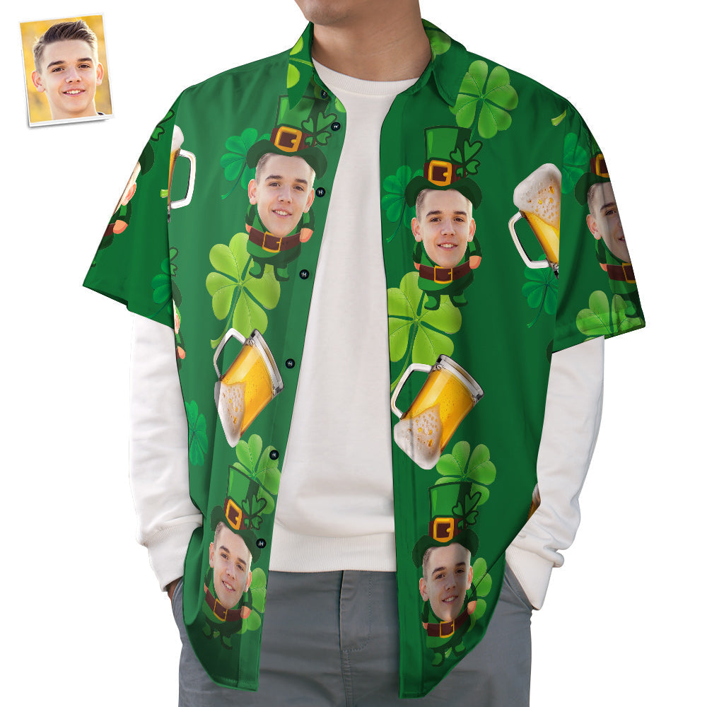 Custom Face Hawaiian Shirts, Clover and Beer Pattern Shirts, Casual Short Sleeves Shirts