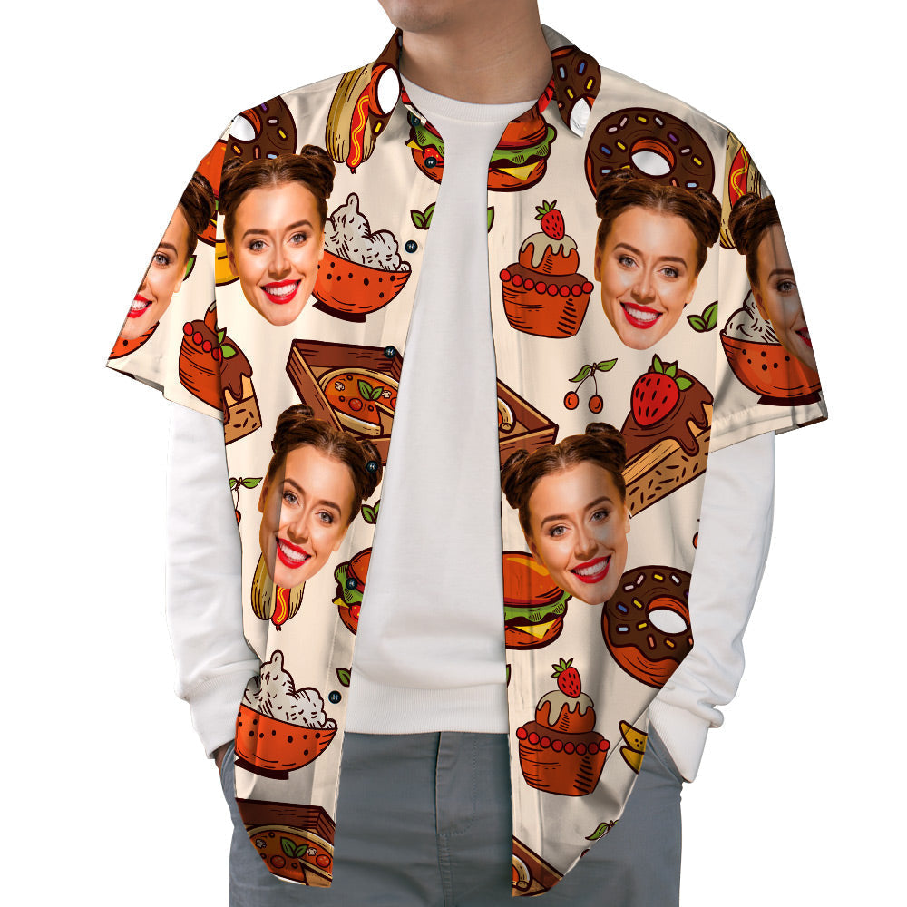 3D Face Print Hawaiian Shirt Cheese Burger & Pizza Casual Tropical Funky Button-Down Shirt