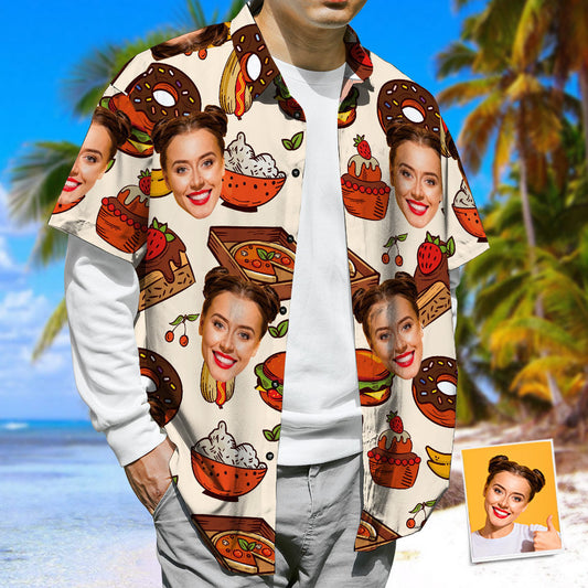 3D Face Print Hawaiian Shirt Cheese Burger & Pizza Casual Tropical Funky Button-Down Shirt