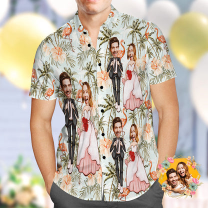 Custom Hawaiian Shirt Personalised Flamingo and Coconut Trees Wedding Hawaiian Shirt