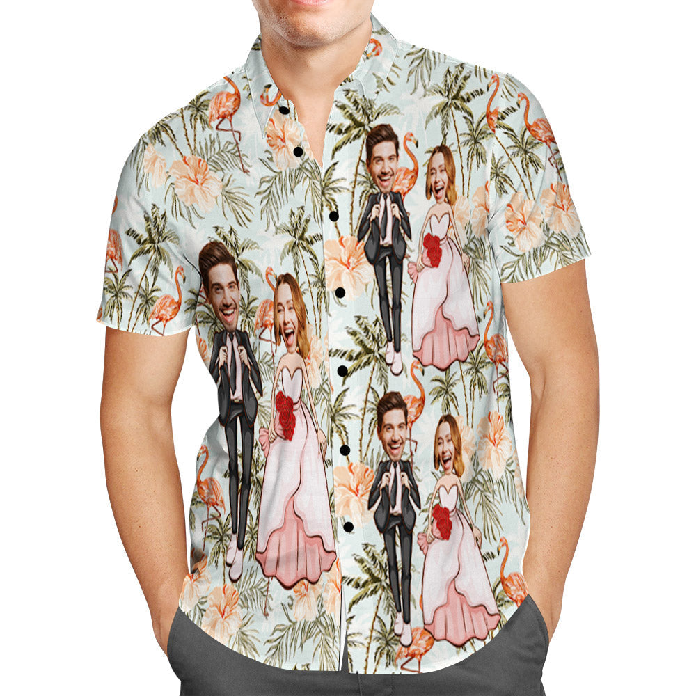 Custom Hawaiian Shirt Personalised Flamingo and Coconut Trees Wedding Hawaiian Shirt