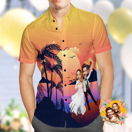 Custom Photo Hawaiian Shirt Personalised Sunset and Coconut Grove Wedding Hawaiian Shirt