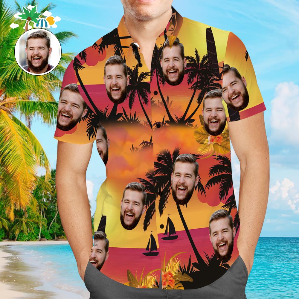 Custom Face Hawaiian Shirt Sunset Coconut Tree Beach Shirt Gift for Men