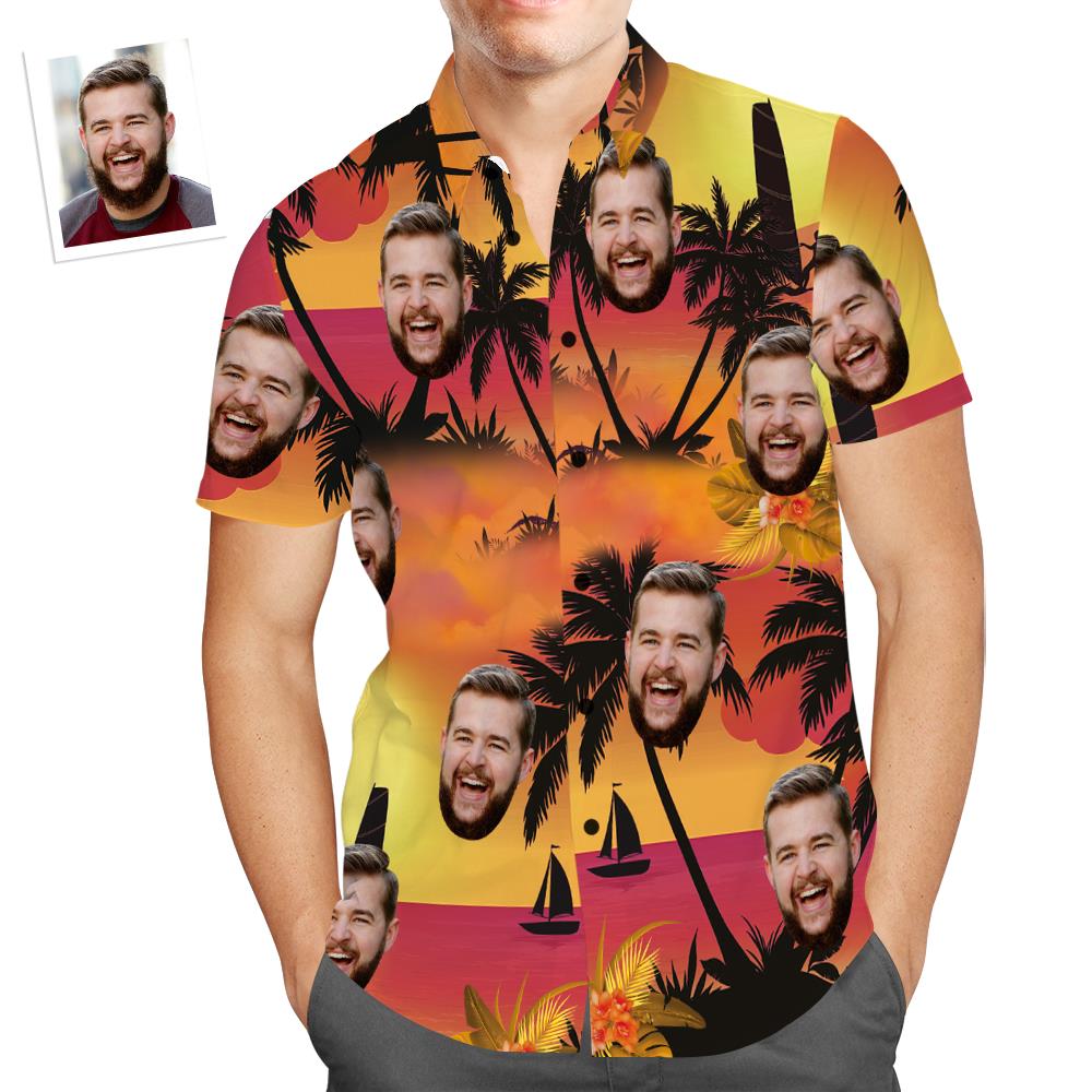 Custom Face Hawaiian Shirt Sunset Coconut Tree Beach Shirt Gift for Men