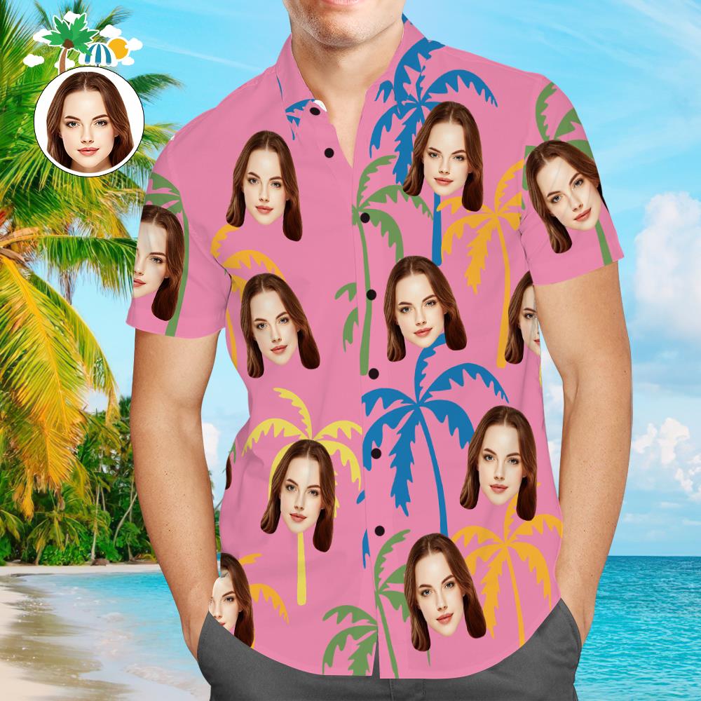 Custom Face Hawaiian Shirt Pink Palm Tree Shirts Tropical Beach Shirts for Men