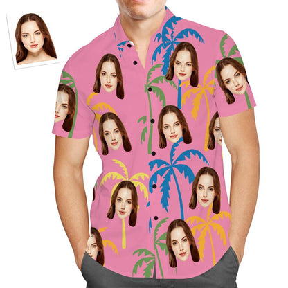 Custom Face Hawaiian Shirt Pink Palm Tree Shirts Tropical Beach Shirts for Men