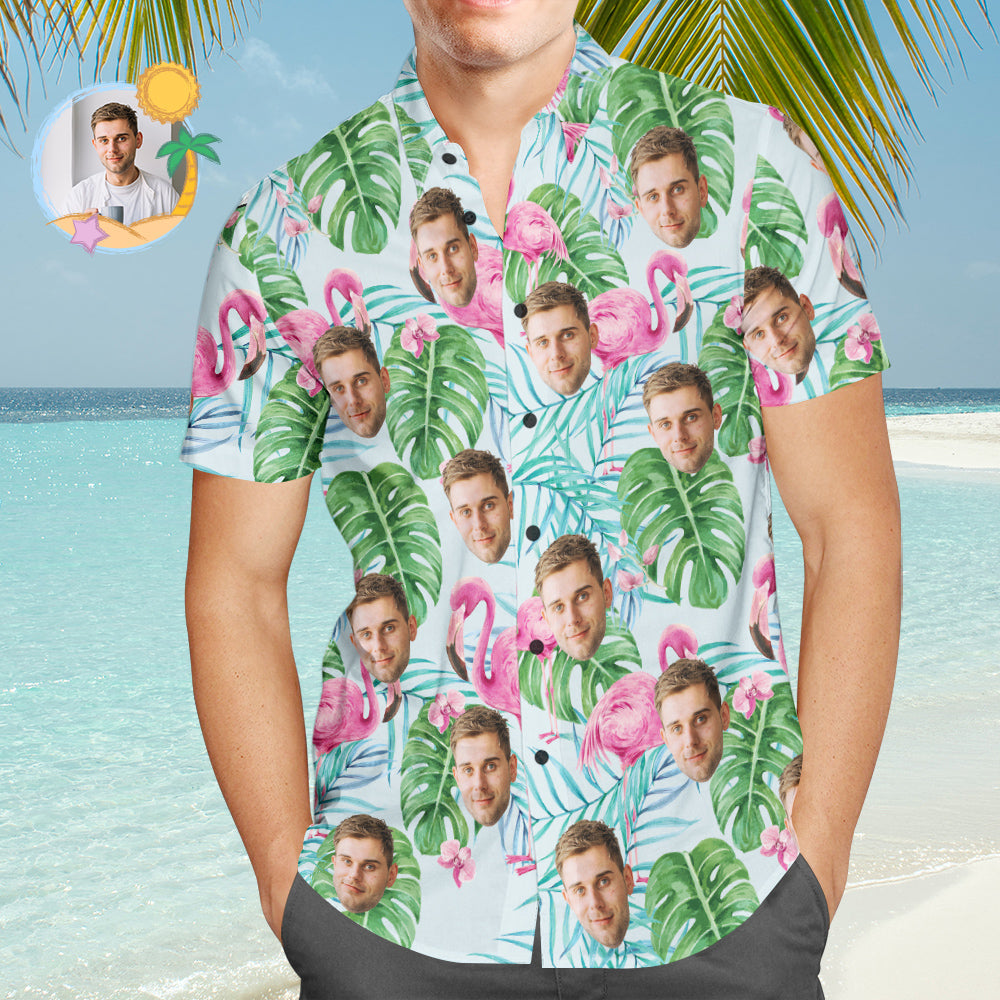 Custom Face Hawaiian Shirt Pink Flamingo Vacation Party Gift for Boyfriend