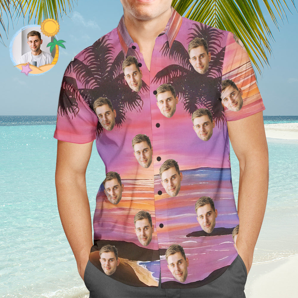 Custom Face Hawaiian Shirt Purple Coconut Tree Summer Shirt for Men