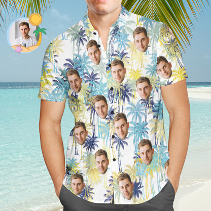 Custom Face Hawaiian Shirt Multicolor Coconut Tree Funny Beach Shirt for Men